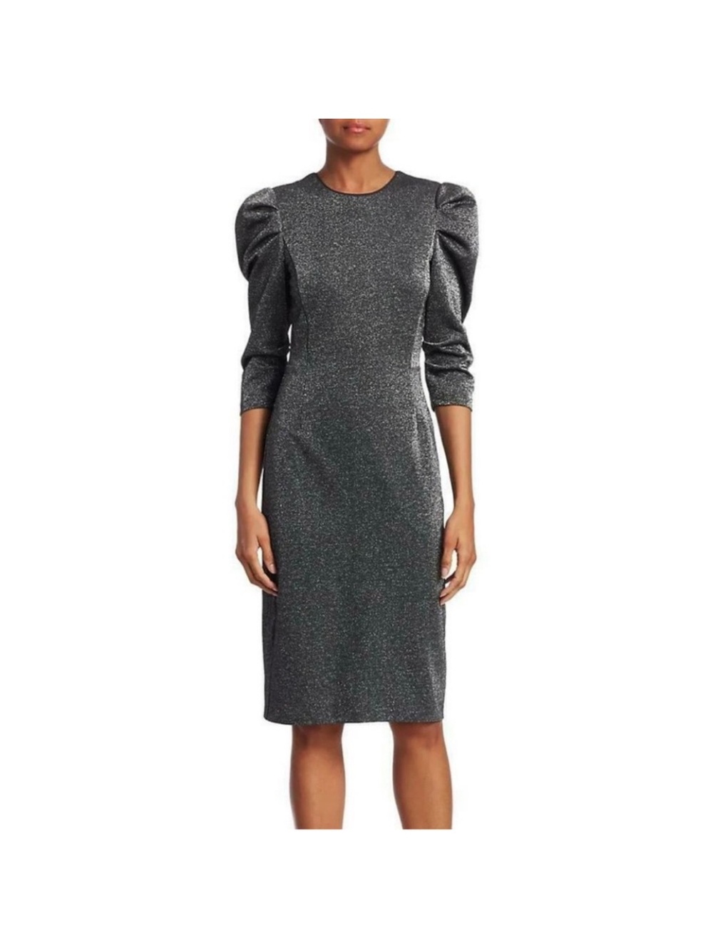 Halston Shimmer Puff-Sleeve Sheath Dress in Metallic Gray